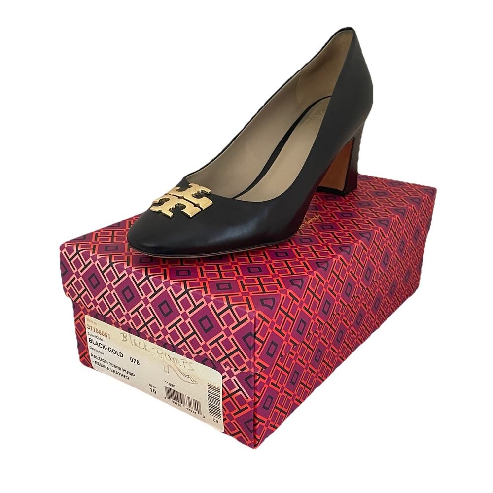 TORY BURCH Raleigh Black Resina Leather Gold Logo Sz 10 Heels Cocktail Party